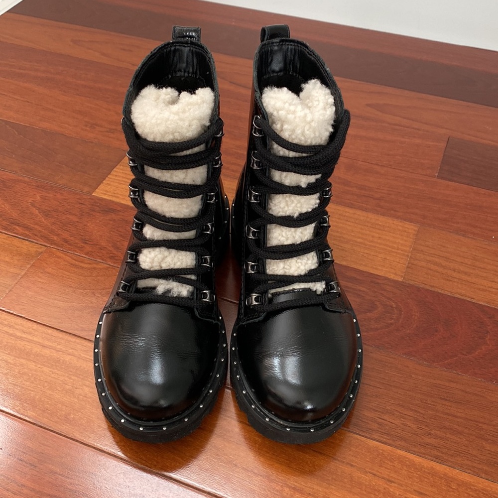 Sorel Lennox Lace Cozy Shearling Waterproof Ankle Boot Black Patent Leather